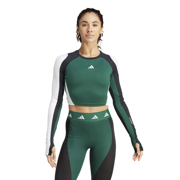 adidas Womens AEROREADY TechFit Colourblock Long Sleeve Top, Green, rebel_hi-res