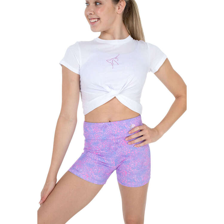 Flo Active Kids Nicole Medium Length Shorts Purple/Print 6, Purple/Print, rebel_hi-res