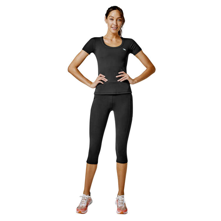 Running Bare Womens Ab Waisted Power Moves 3/4 Tights, Black, rebel_hi-res