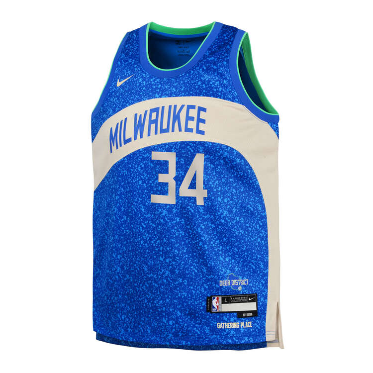 Nike Milwaukee Bucks Giannis Antetokounmpo 2023/24 City Edition Kids Basketball Jersey, Blue, rebel_hi-res