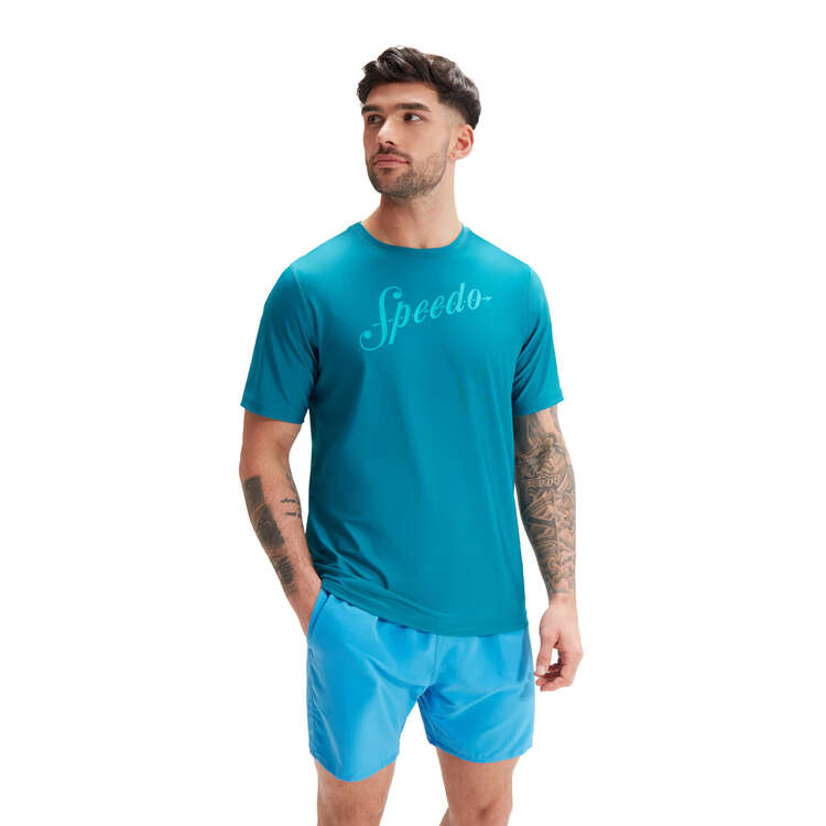 Speedo Mens Printed Short Sleeve Swim Tee Blue S, Blue, rebel_hi-res