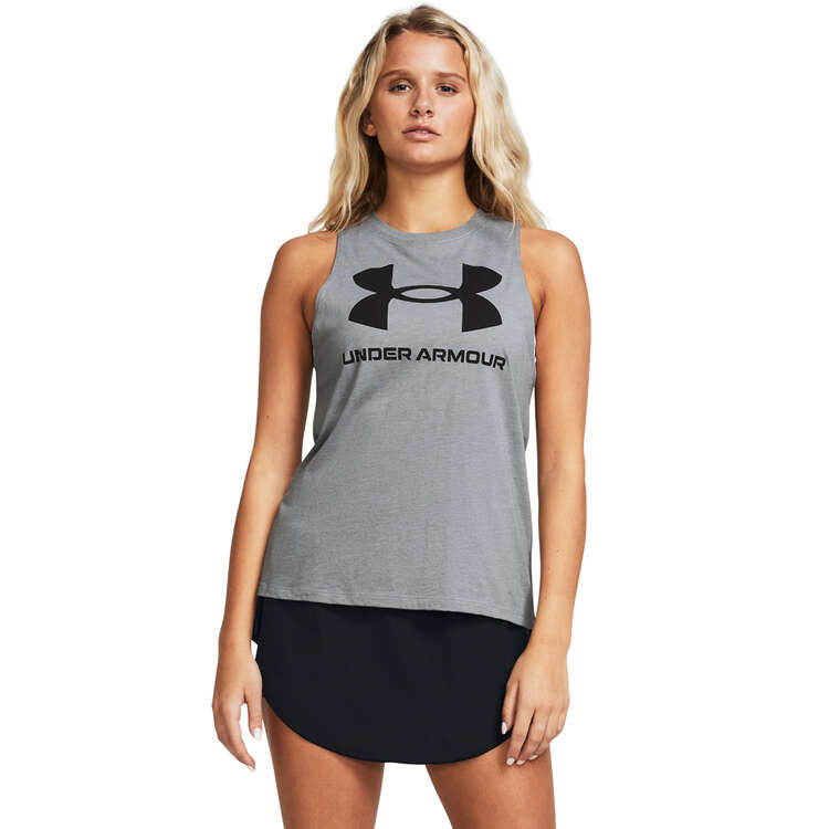 Under Armour Womens Sportstyle Graphic Muscle Tank, Grey, rebel_hi-res