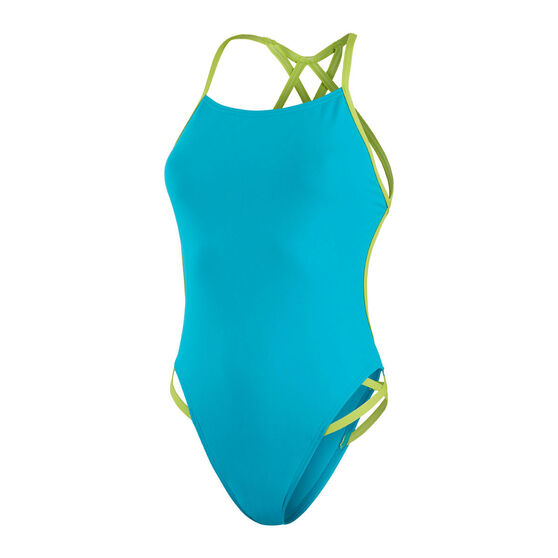 Speedo Womens Solid Freestyler One Piece, Blue/Lime, rebel_hi-res