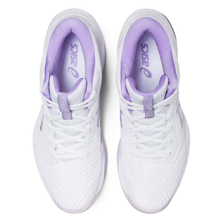 Asics Netburner Ballistic FF MT 3 Womens Netball Shoes White/Purple US 7, White/Purple, rebel_hi-res