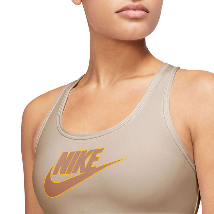 Nike Womens Dri-FIT Swoosh Futura Medium Support Sports Bra, Tan, rebel_hi-res