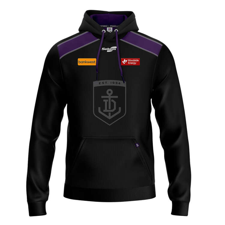 Fremantle Dockers 2024 Mens Player Hoodie Black/Purple S, Black/Purple, rebel_hi-res