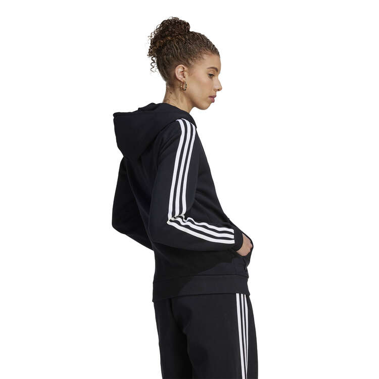 adidas Womens Fleece 3-Stripes Full-Zip Fleece Hoodie Black XS, Black, rebel_hi-res