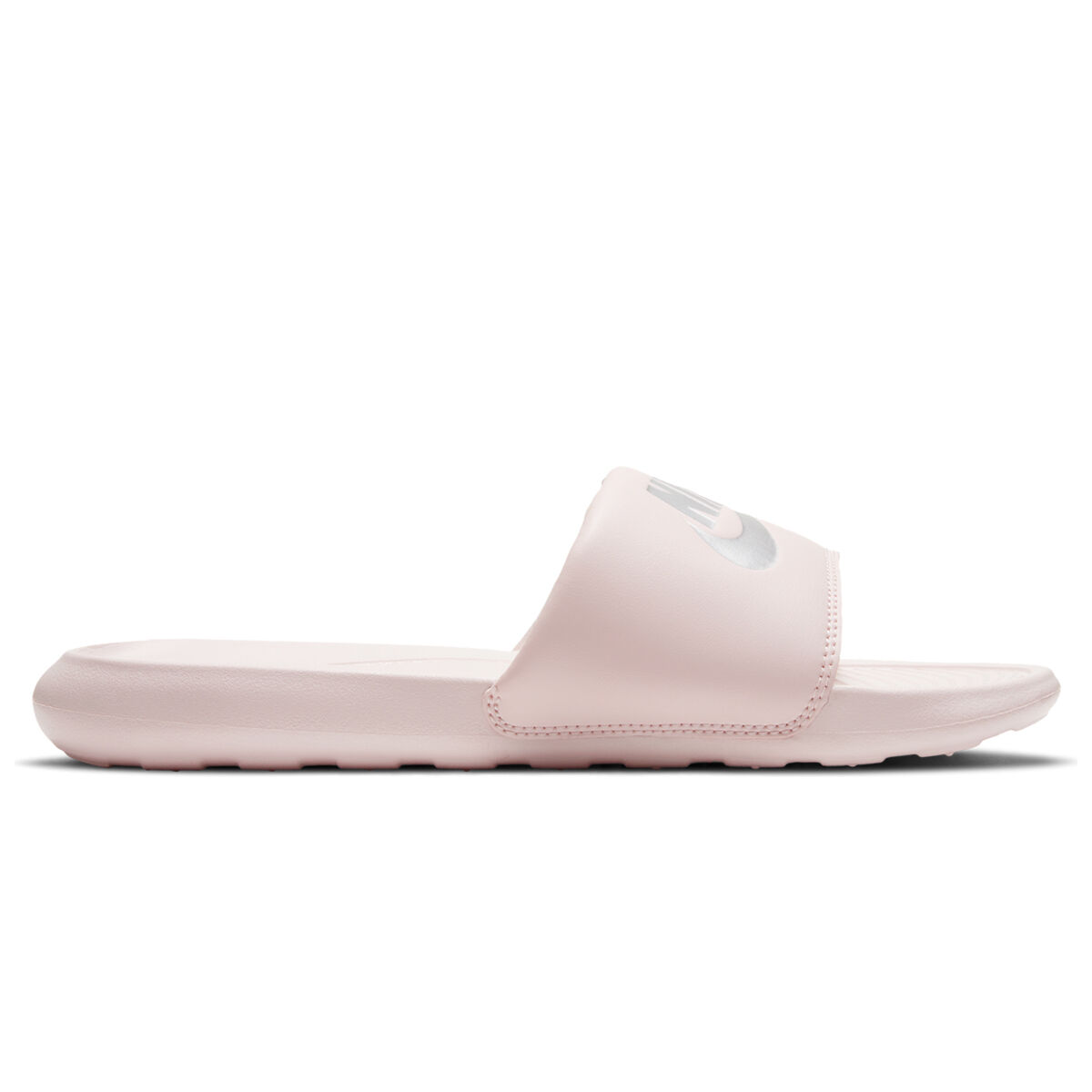pink and silver nike slides
