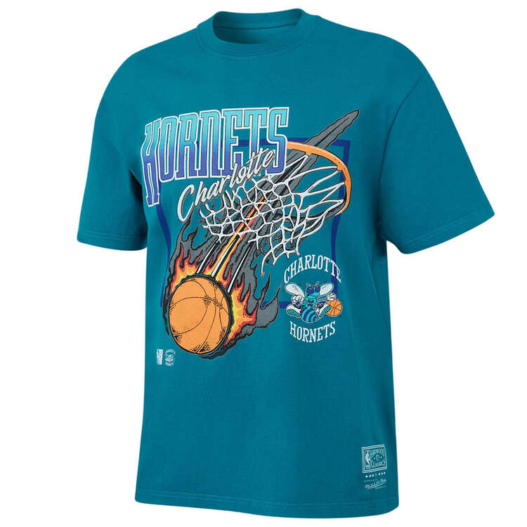 Mitchell & Ness Mens Charlotte Hornets Fireball Tee Teal S, Teal, rebel_hi-res