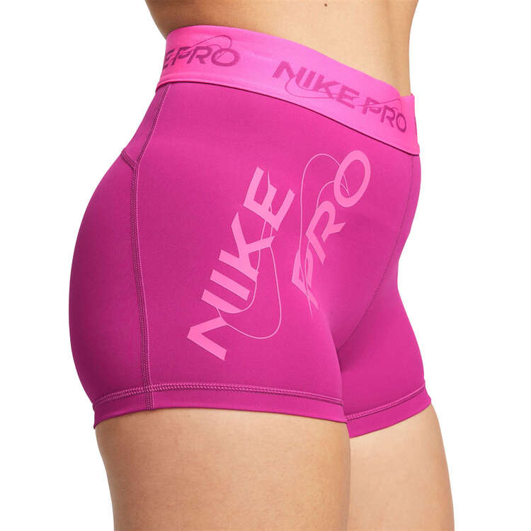 Nike Pro Womens Dri-FIT Mid-Rise 3 Inch Graphic Shorts Pink XS, Pink, rebel_hi-res