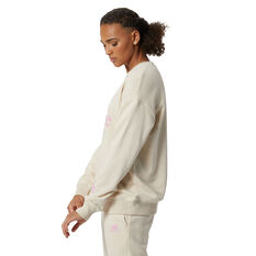 New Balance Womens Essentials Celebrate Fleece Crew Sweatshirt, Brown/Pink, rebel_hi-res