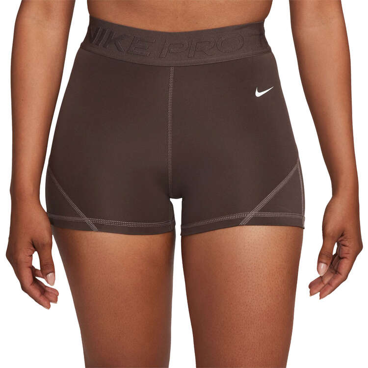 Nike Pro Womens Dri-FIT Mid-Rise 3 Inch Shorts Brown XS, Brown, rebel_hi-res