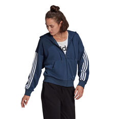 adidas Womens Full Zip 3 Stripes Fleece Hoodie Navy XS, Navy, rebel_hi-res