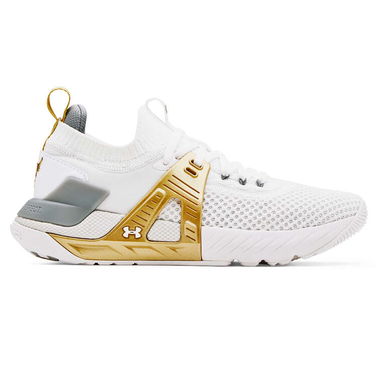 Under Armour Project Rock 4 Womens Training Shoes White/Gold US 6, White/Gold, rebel_hi-res