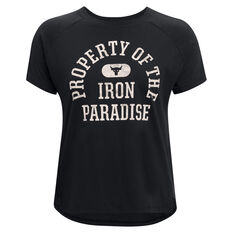 Under Armour Womens Project Rock Property of the Iron Paradise Tee Black XS, Black, rebel_hi-res