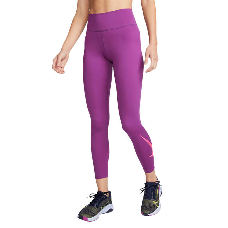 Nike Womens Dri-FIT One Mid-Rise 7/8 Graphic Tights Purple XS, Purple, rebel_hi-res