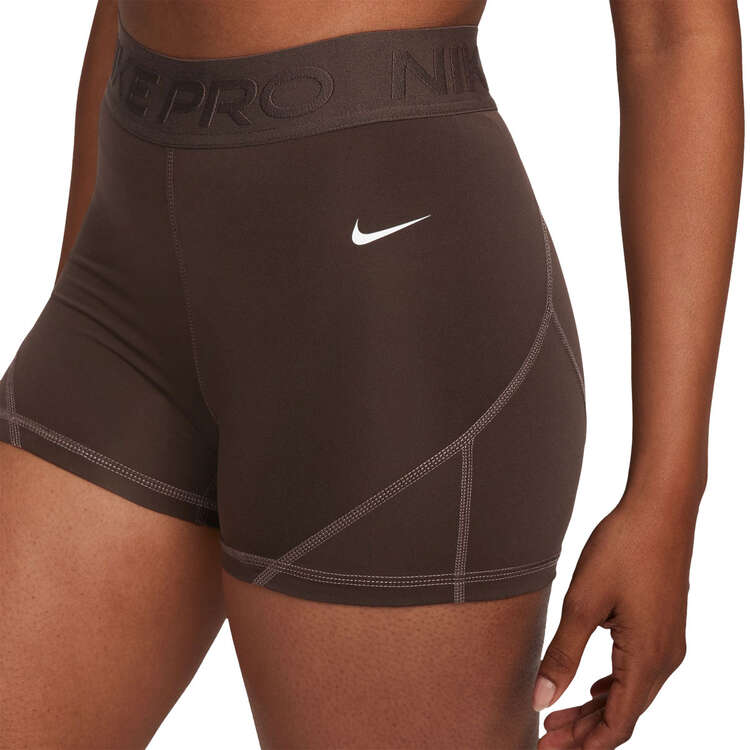 Nike Pro Womens Dri-FIT Mid-Rise 3 Inch Shorts, Brown, rebel_hi-res
