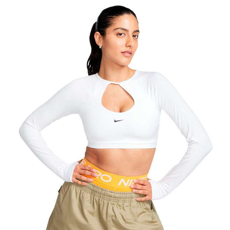 Nike Womens Long Sleeve Cropped Sports Bra, White, rebel_hi-res
