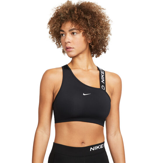 Nike Pro Womens Dri-FIT Swoosh Medium Support Asymmetrical Sports Bra, Black, rebel_hi-res