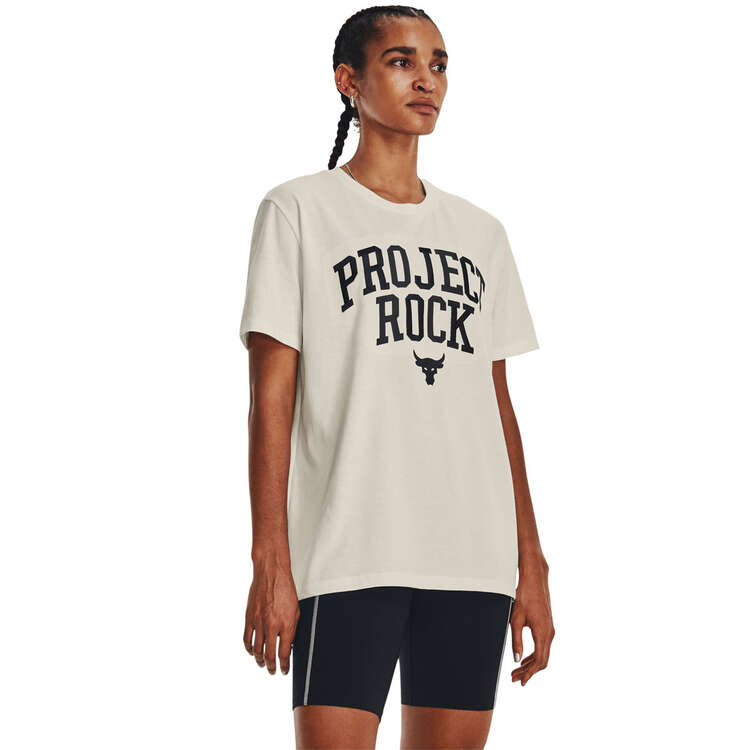 Under Armour Womens Project Rock Heavyweight Campus Tee White/Black XS, White/Black, rebel_hi-res