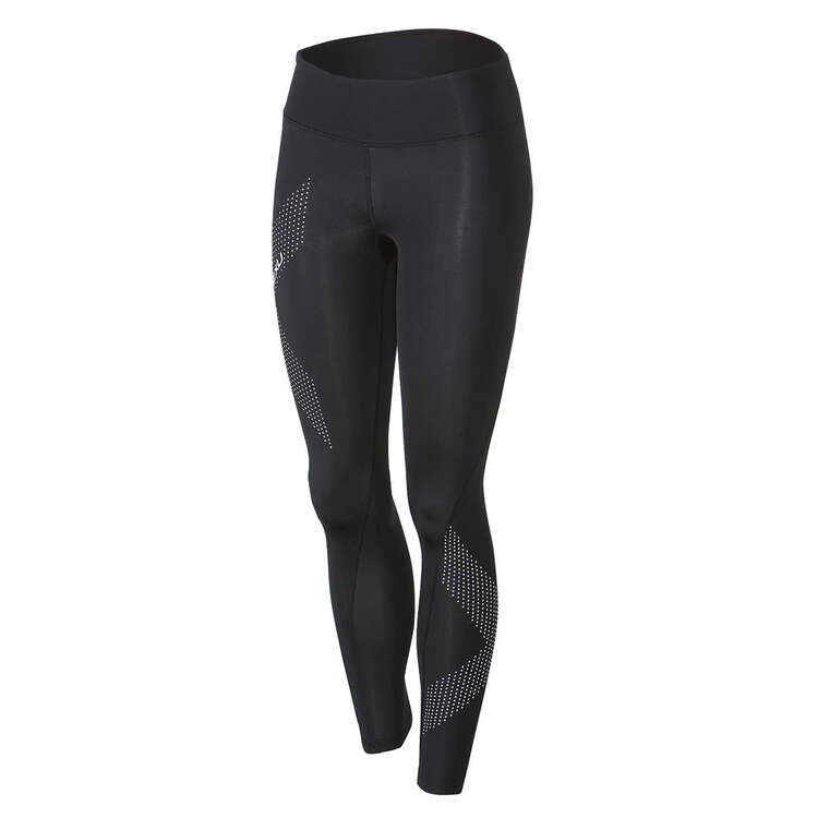 2XU Motion Mid Rise Womens Compression Tights, Black / Silver, rebel_hi-res