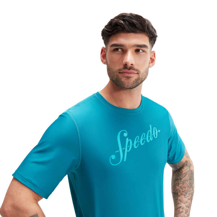 Speedo Mens Printed Short Sleeve Swim Tee, Blue, rebel_hi-res