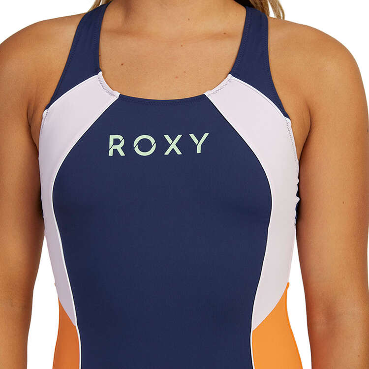 Roxy Womens Lakana Active Sporty One Piece Swimsuit, Grey/Orange, rebel_hi-res