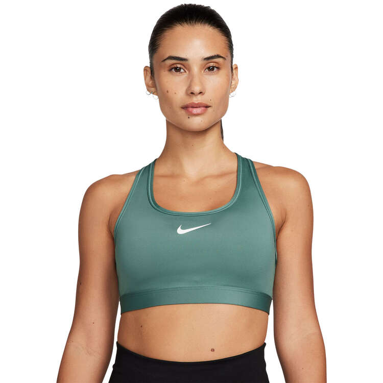 Nike Womens Dri-FIT Swoosh Medium Support Padded Sports Bra, Green/White, rebel_hi-res