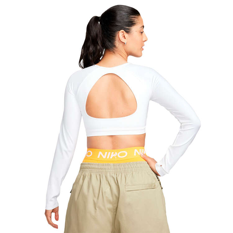Nike Womens Dri-FIT Long Sleeve Cropped Sports Bra, White, rebel_hi-res