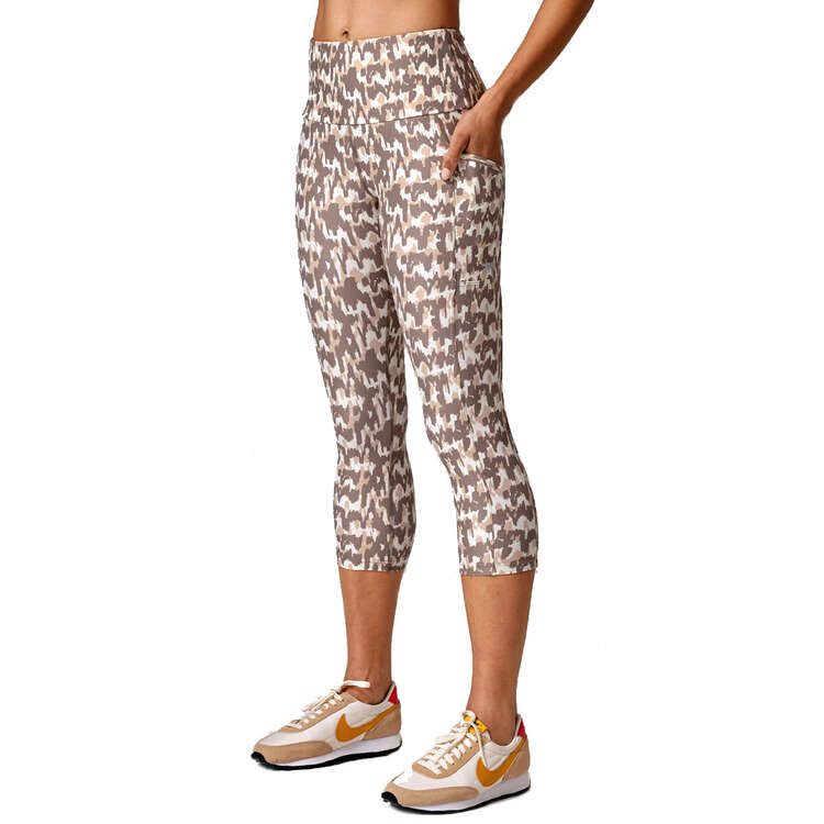 Running Bare Womens Ab-Waisted Power Moves Pocket 3/4 Tights Brown 8, Brown, rebel_hi-res