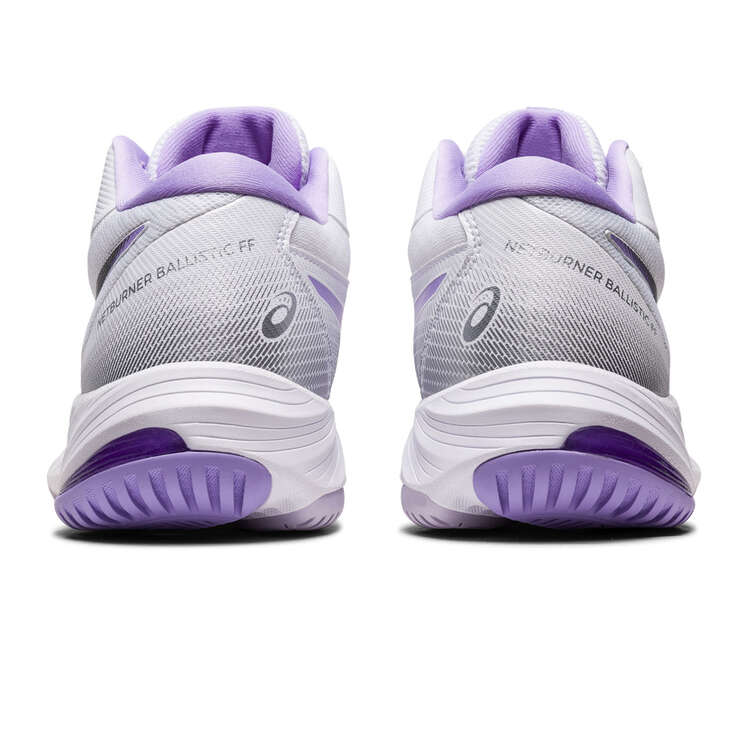 Asics Netburner Ballistic FF MT 3 Womens Netball Shoes White/Purple US 7, White/Purple, rebel_hi-res