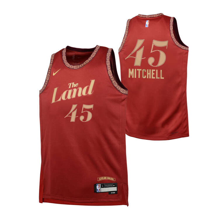 Nike Cleveland Cavaliers Donovan Mitchell 2023/24 City Edition Kids Basketball Jersey, Red, rebel_hi-res