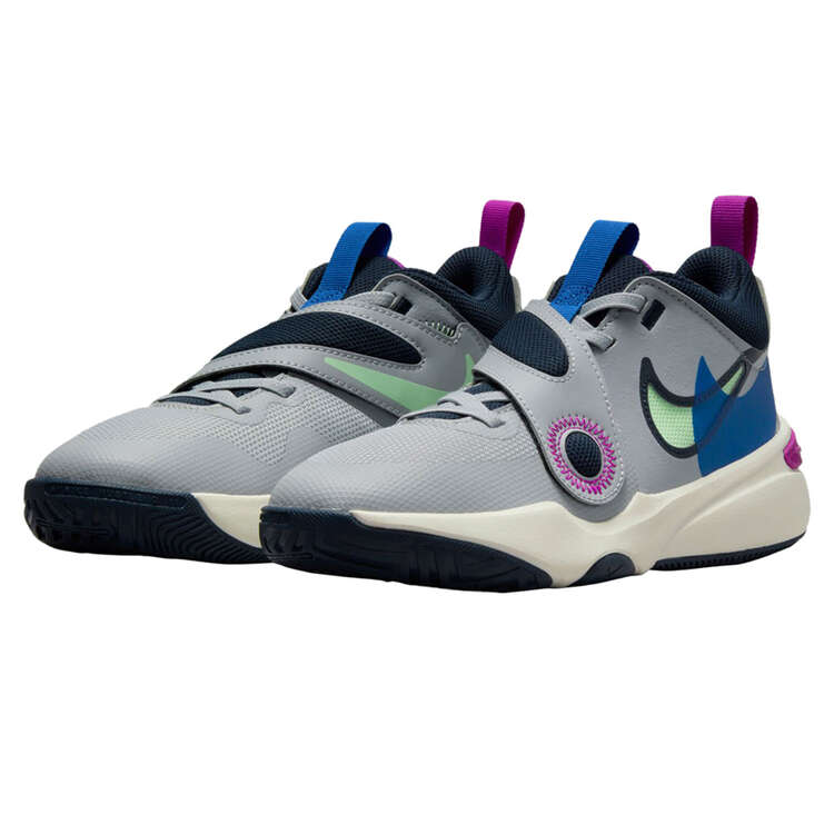 Nike Team Hustle D 11 GS Kids Basketball Shoes, Grey/Green, rebel_hi-res