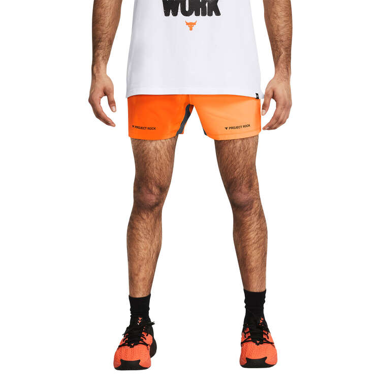 Under Armour Project Rock Mens Ultimate 5-inch Training Shorts Orange XS, Orange, rebel_hi-res