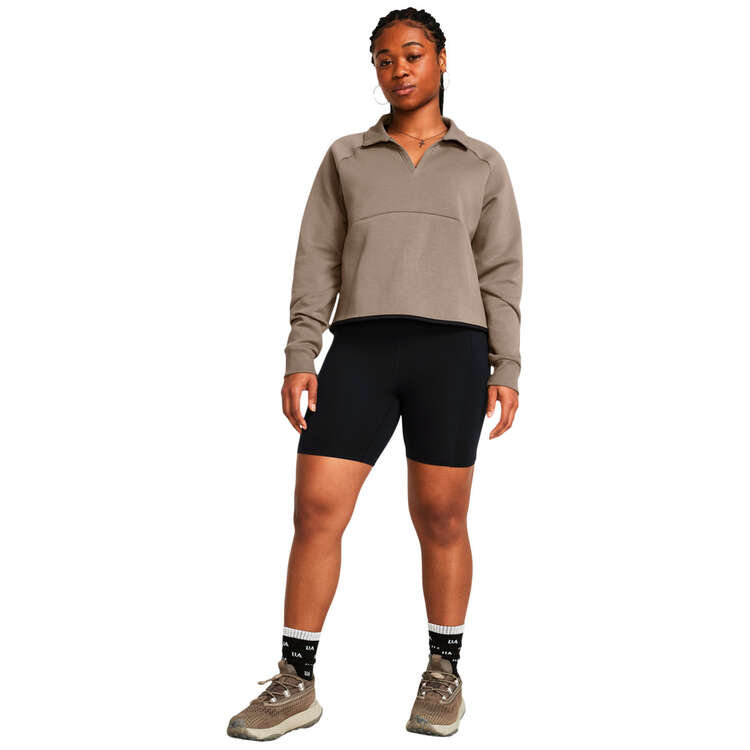 Under Armour Womens Unstoppable Fleece Rugby Crop Sweatshirt, Taupe, rebel_hi-res
