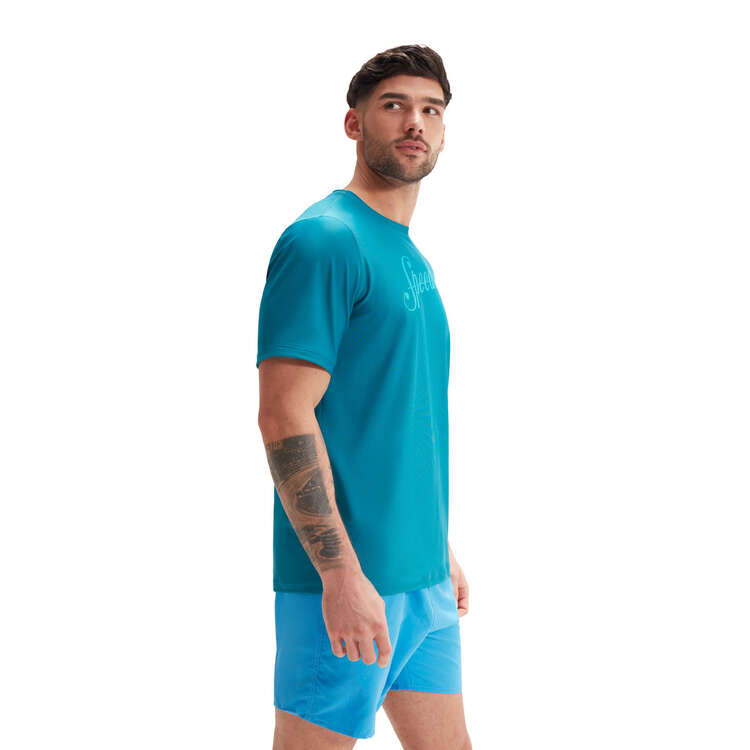 Speedo Mens Printed Short Sleeve Swim Tee, Blue, rebel_hi-res