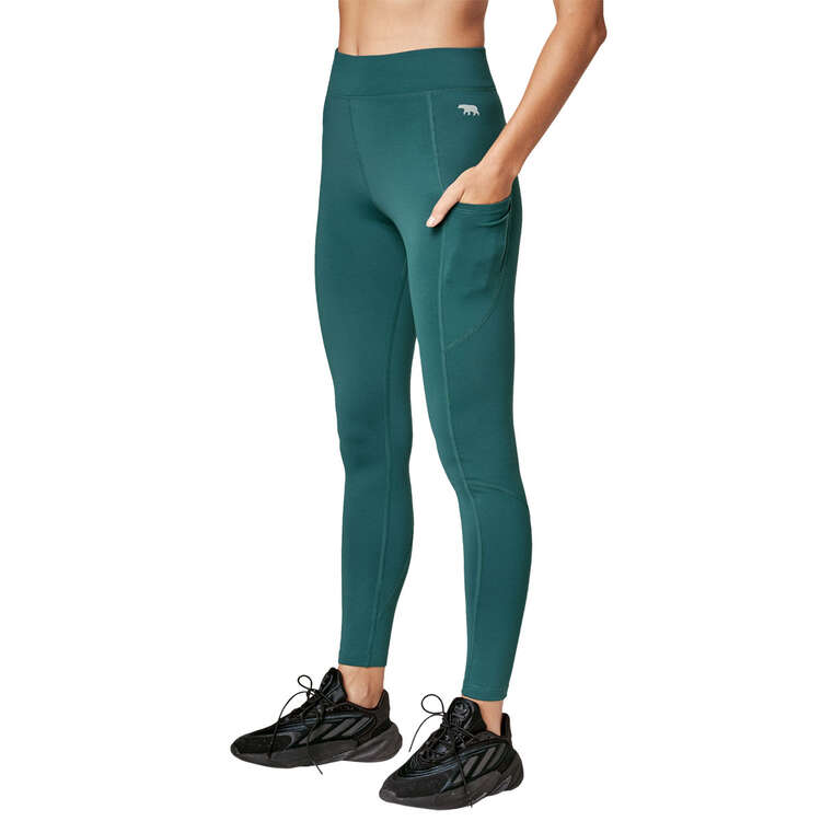 Running Bare Womens Flex Zone Pocket Leggings Green 8, Green, rebel_hi-res