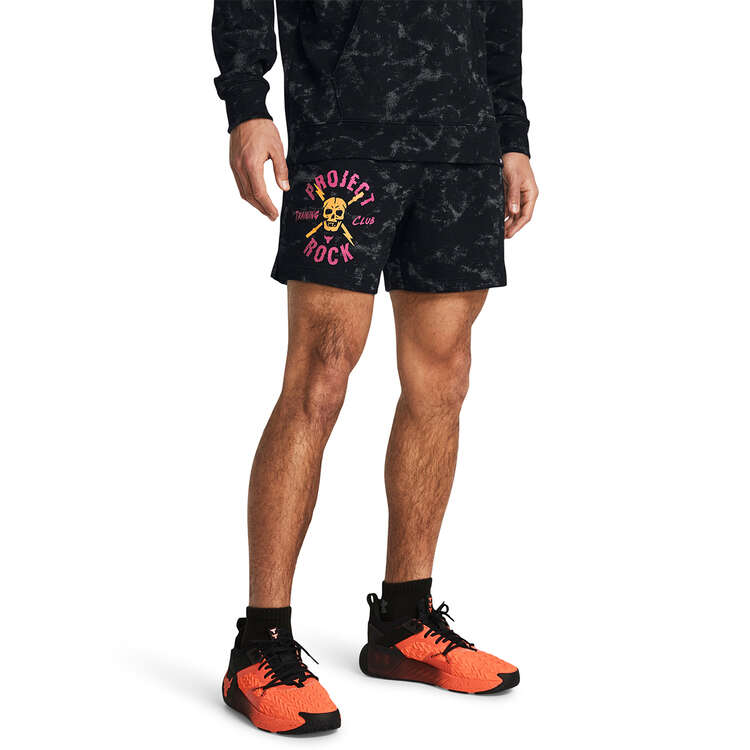 Under Armour Project Rock Mens Printed Terry Shorts, Black, rebel_hi-res
