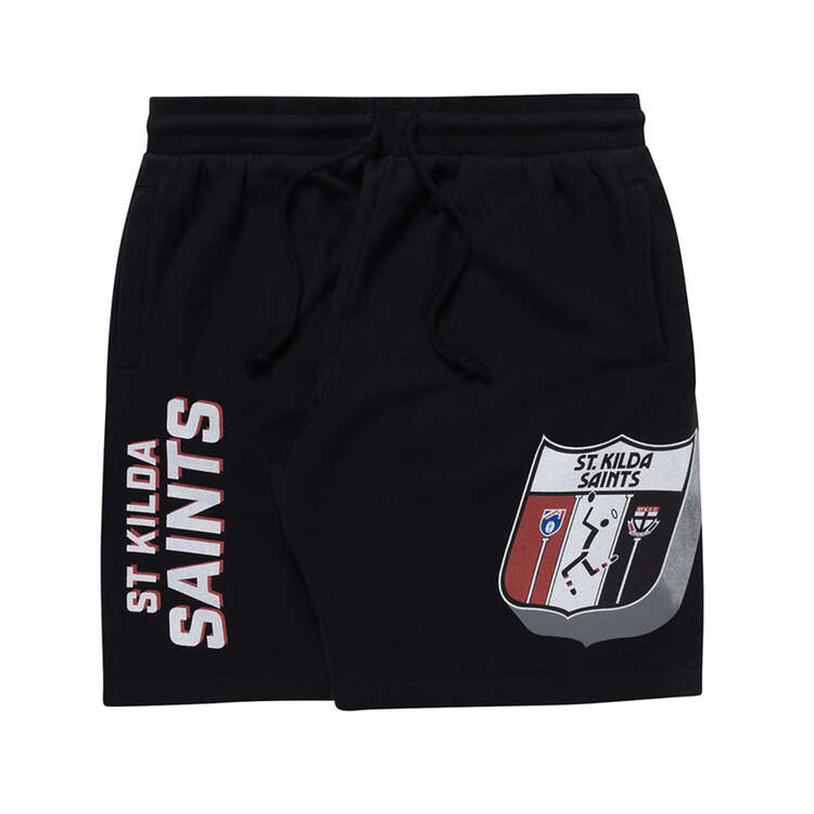 St Kilda Saints 2024 Mens Step Up Shorts Black S, Black, rebel_hi-res