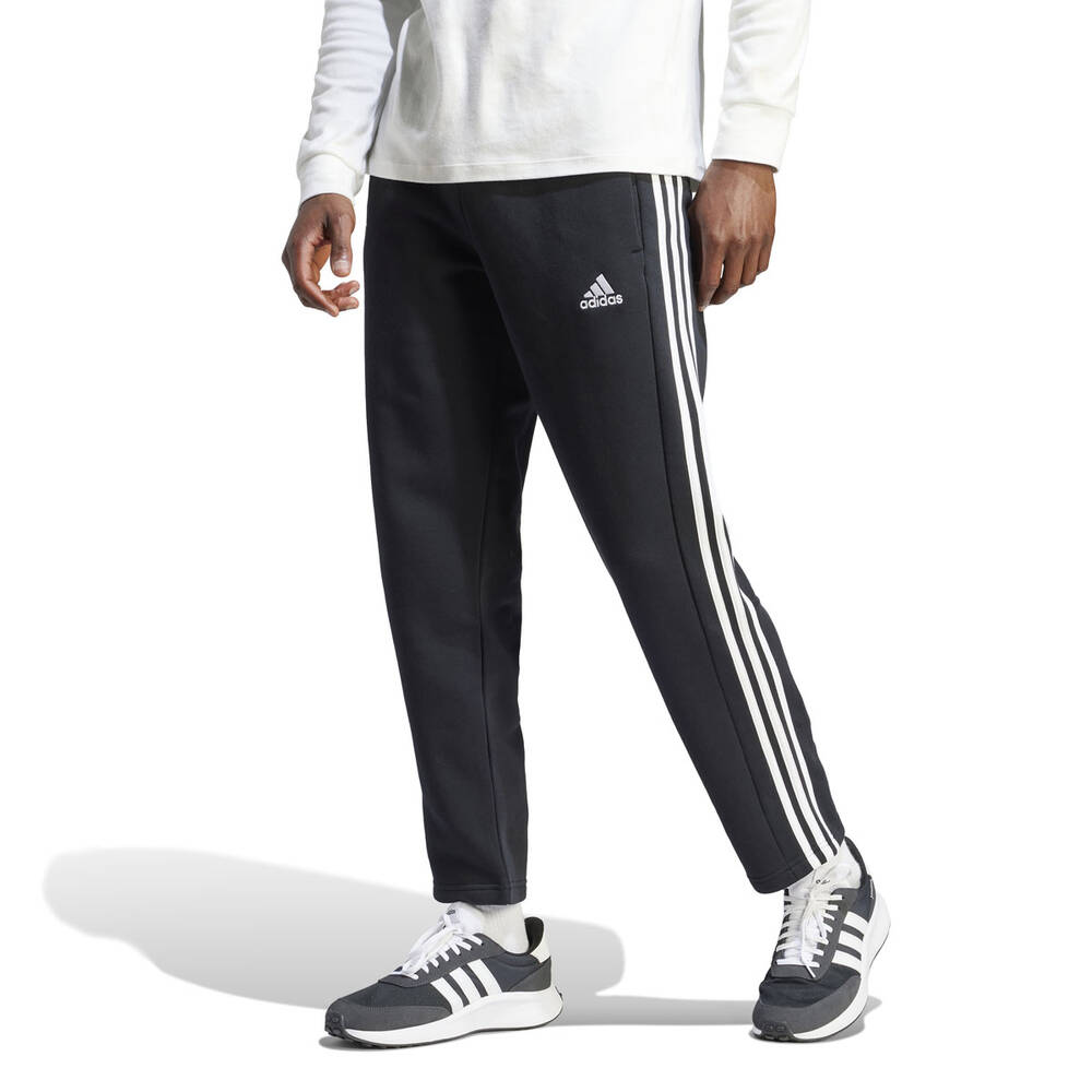 adidas Mens Essentials Fleece Open Hem 3-Stripes Pants Black/White XS ...