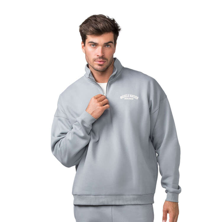 Muscle Nation Mens Worldwide 1/4 Zip Sweatshirt Grey S, Grey, rebel_hi-res