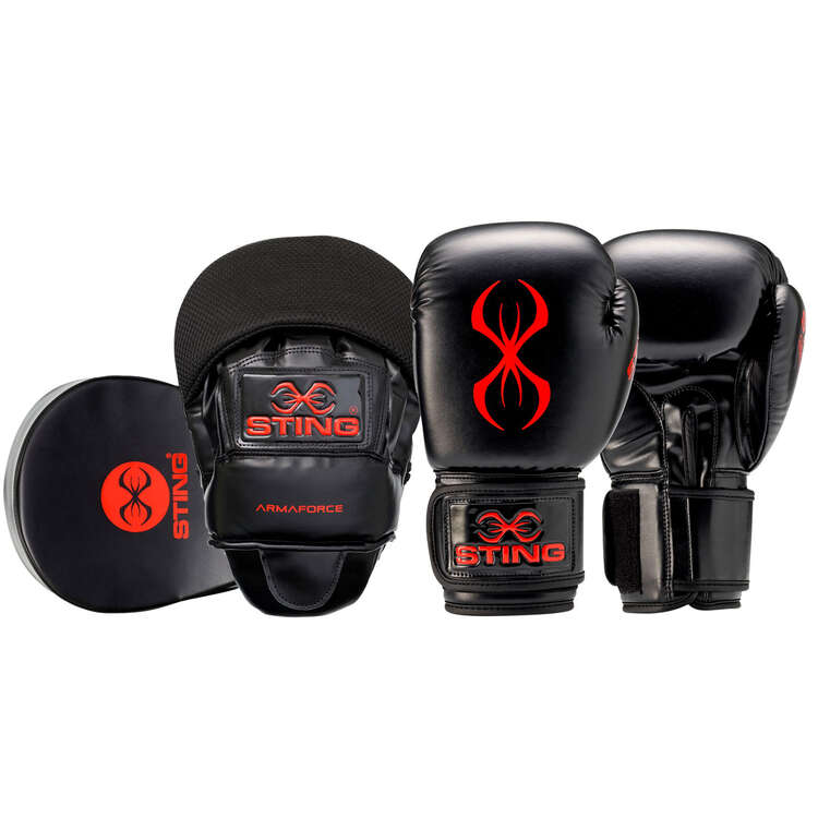 Sting Armaforce Boxing Gloves and Focus Mitt Combo Kit Black 10 Oz, Black, rebel_hi-res