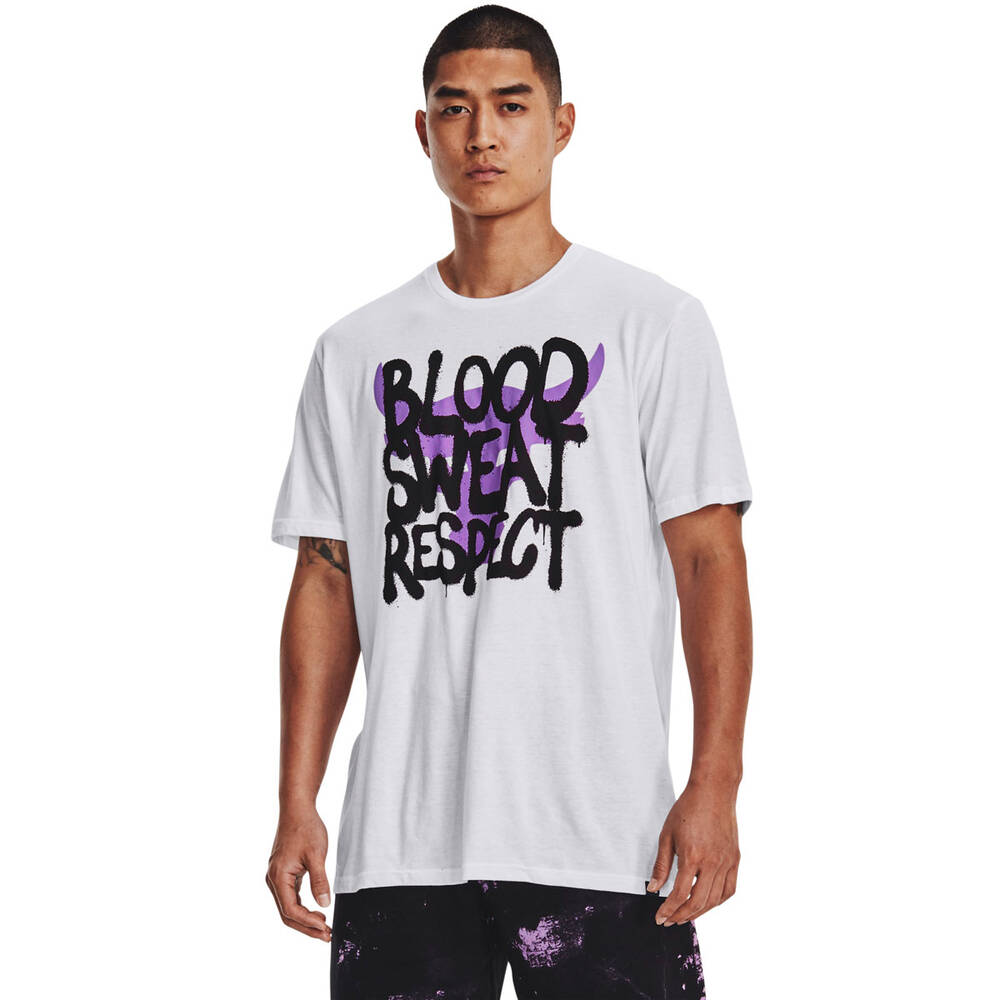 caption Playwright Wording Under Armour Project Rock Mens Blood, Sweat, Respect Tee | Rebel Sport