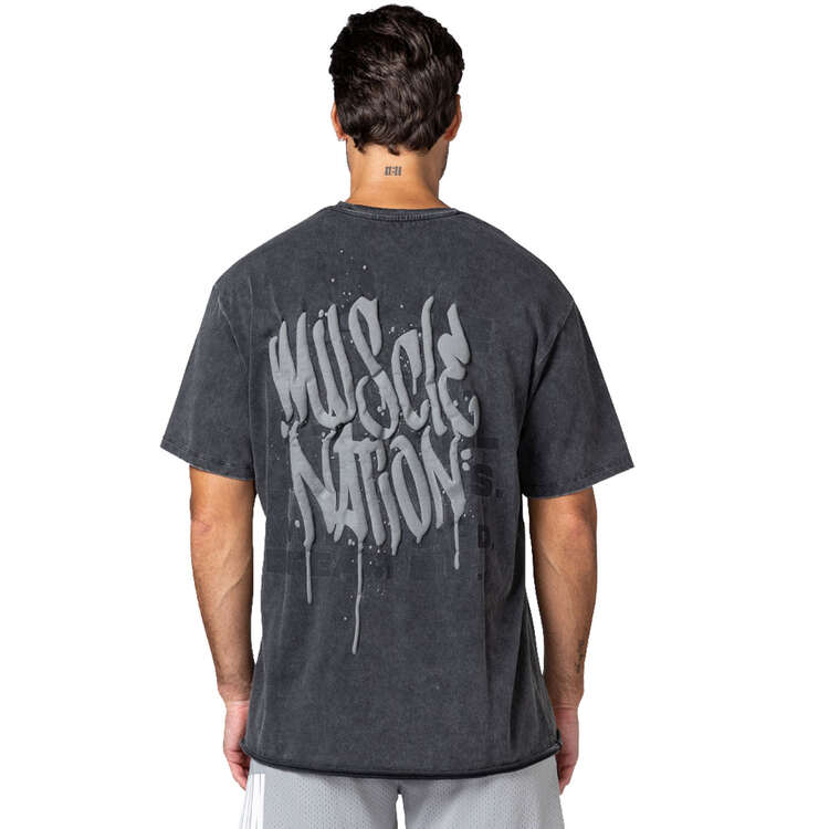 Muscle Nation Mens Graffiti Oversized Heavy Vintage Tee Carbon S, Carbon, rebel_hi-res