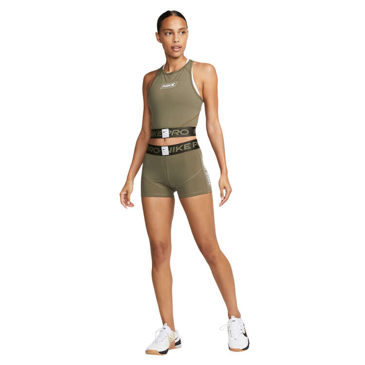 Nike Pro Womens Dri-FIT Graphic Crop Tank, Olive, rebel_hi-res