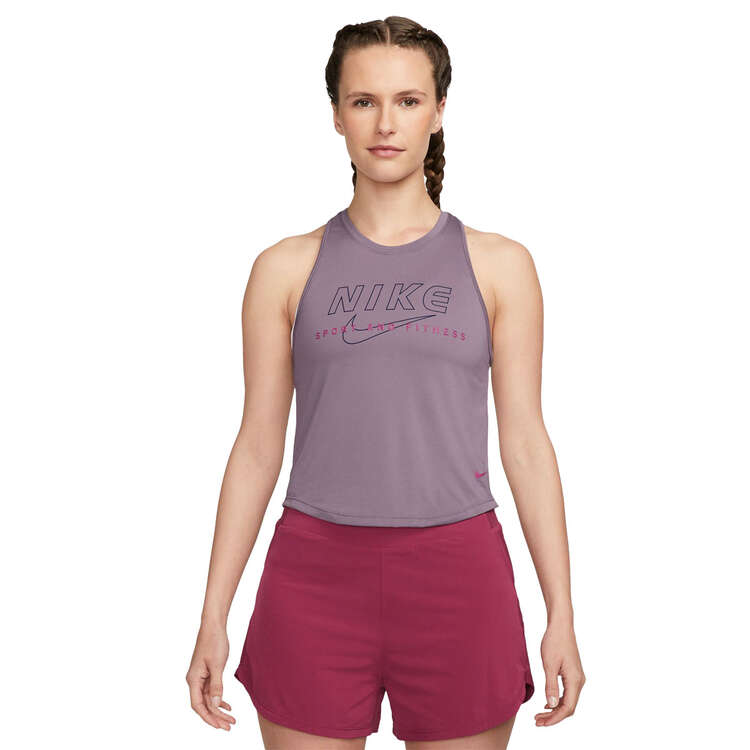 Nike One Womens Dri-FIT Graphic Tank Purple XS, Purple, rebel_hi-res