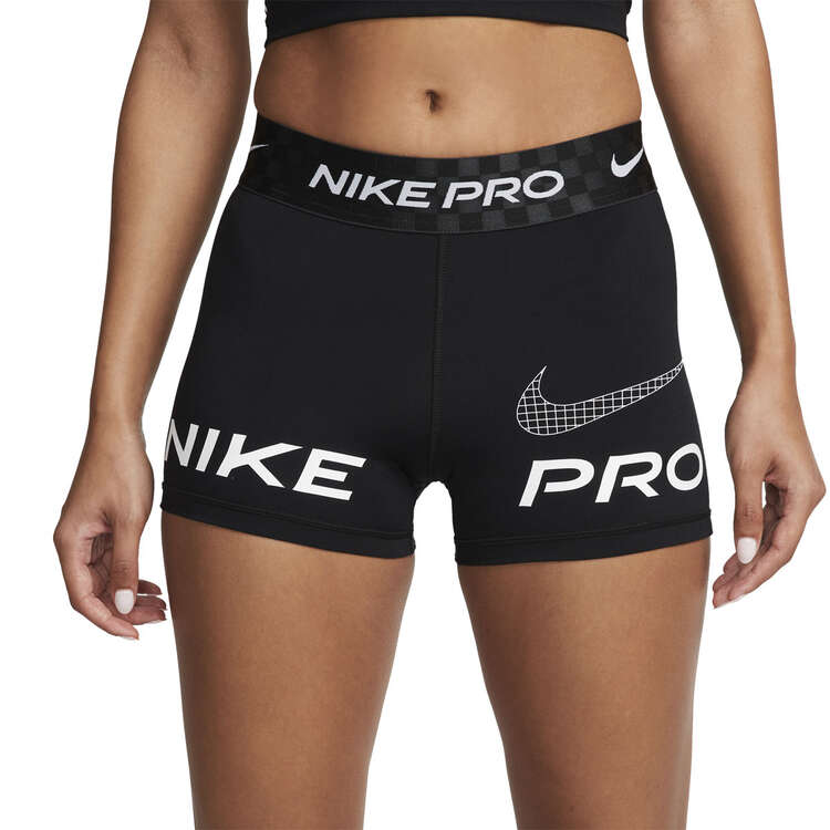 Nike Pro Womens Dri-FIT Mid-Rise 3 Inch Graphic Shorts Black XS, Black, rebel_hi-res