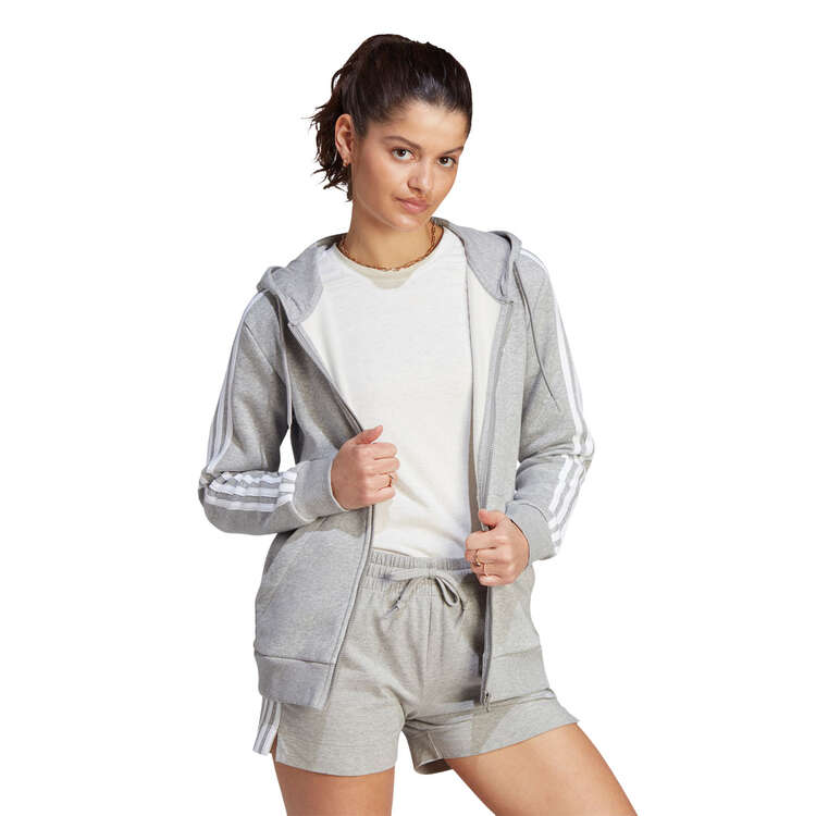 adidas Womens Essentials 3-Stripes Full Zip Fleece Hoodie, Grey, rebel_hi-res
