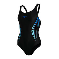 Speedo Womens Placement Muscleback One Piece Swimsuit Black/Blue 8, Black/Blue, rebel_hi-res