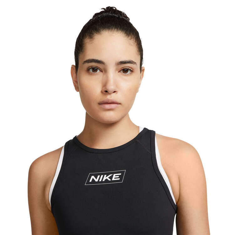 Nike Pro Womens Dri-FIT Graphic Crop Tank, Black, rebel_hi-res